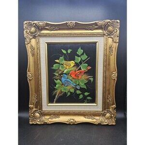 Vintage Colorful Birds On A Branch Original Painting By M. Lak Ornate Gold Frame